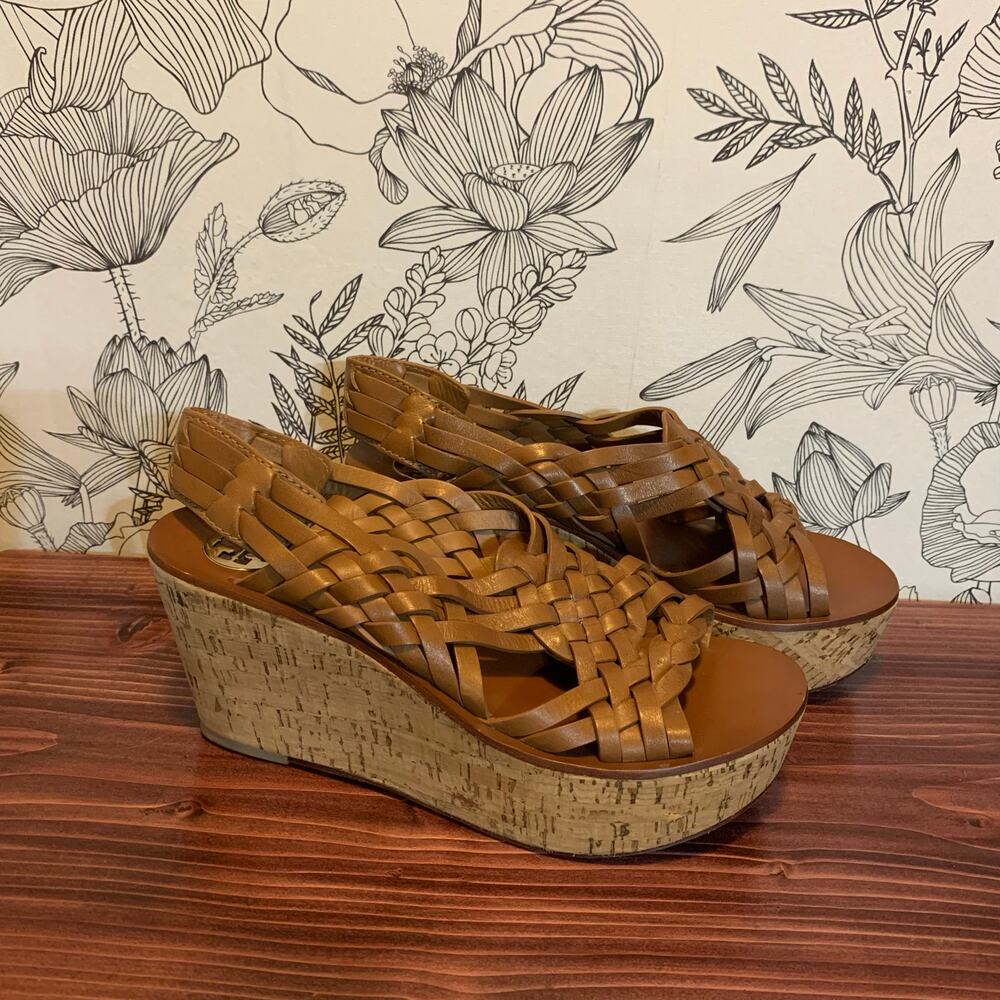 Tory Burch Tan Woven Leather Cork Wedge Sandals